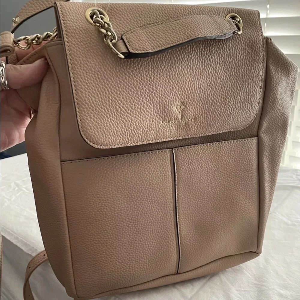 Nanette Lenore Logan Vegan Leather Backpack purse handbag handle adjustable tan